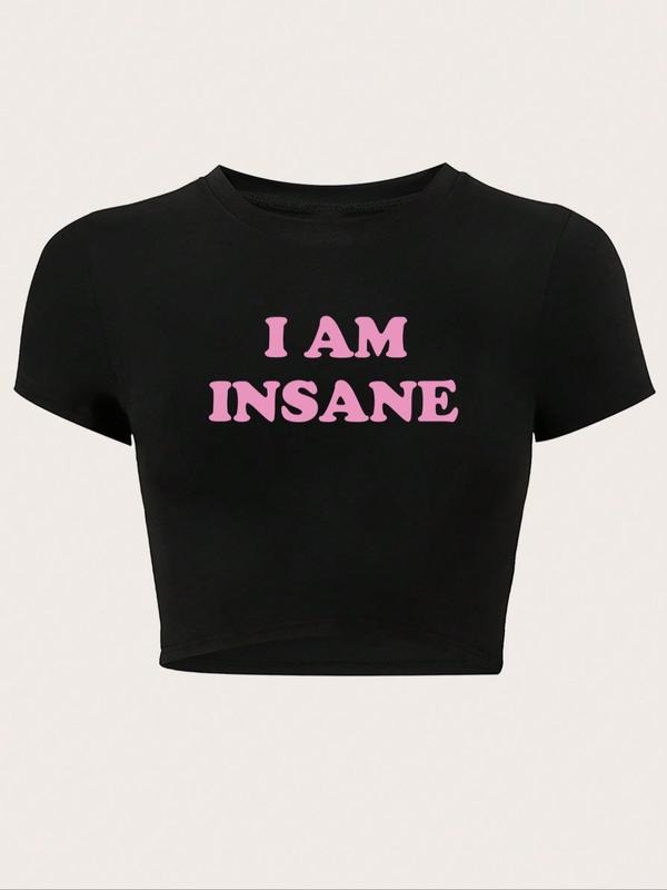 Women's Letter Print Short Sleeve Round Neck Crop Tee, Casual Streetwear Crew Neck T-Shirt for Summer, Ladies Clothes for Daily Wear