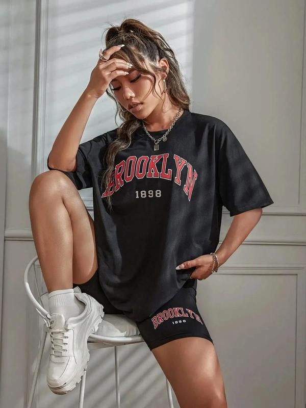 Women's Letter Print Short Sleeve Shorts Set, Casual Crew Neck T-shirt & Skinny Shorts Set, Summer Clothes, Women's...