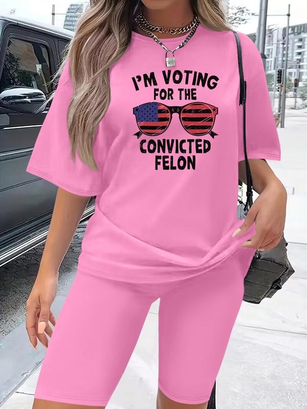 Women's Letter Print Short Sleeve Tee & Shorts Set, Casual Fashion Round Neck T-shirt & Skinny Shorts for Daily Wear, Ladies Two-piece for All Seasons, Clothes