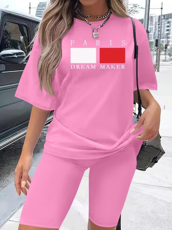 Women's Letter Print Short Sleeve Tee & Skinny Shorts Two-Piece Set, Casual Round Neck T-Shirt & Track Shorts for Daily Wear, Ladies Two-Piece for All Seasons, Clothes