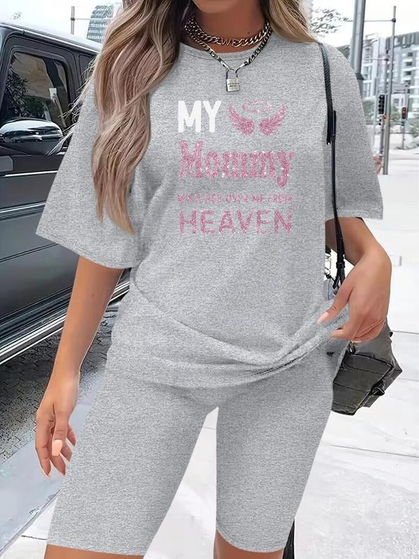 Women's Letter Print Short Sleeve Tee & Skinny Shorts Two-Piece Set, Casual Round Neck T-shirt & Short Leggings, Ladies Two-piece for Daily Wearstyle{n002}2