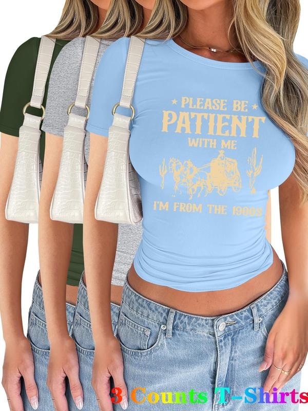 Women's Letter Print Short Sleeve Tee, Casual Round Neck T-shirt for Summer, Women's Top for Daily Wear