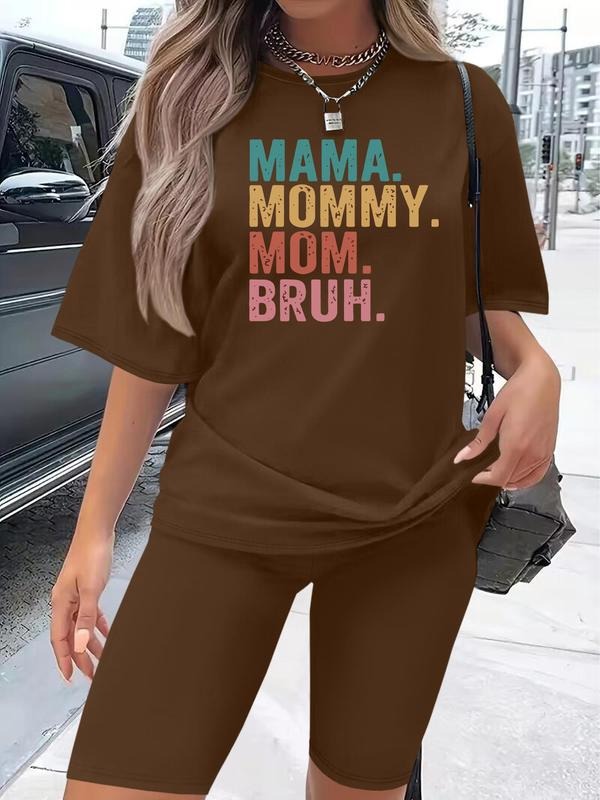 Women's Letter Print Tee & Skinny Shorts Set, Casual Short Sleeve T-shirt & Short Leggings, Ladies Two-piece for Daily...