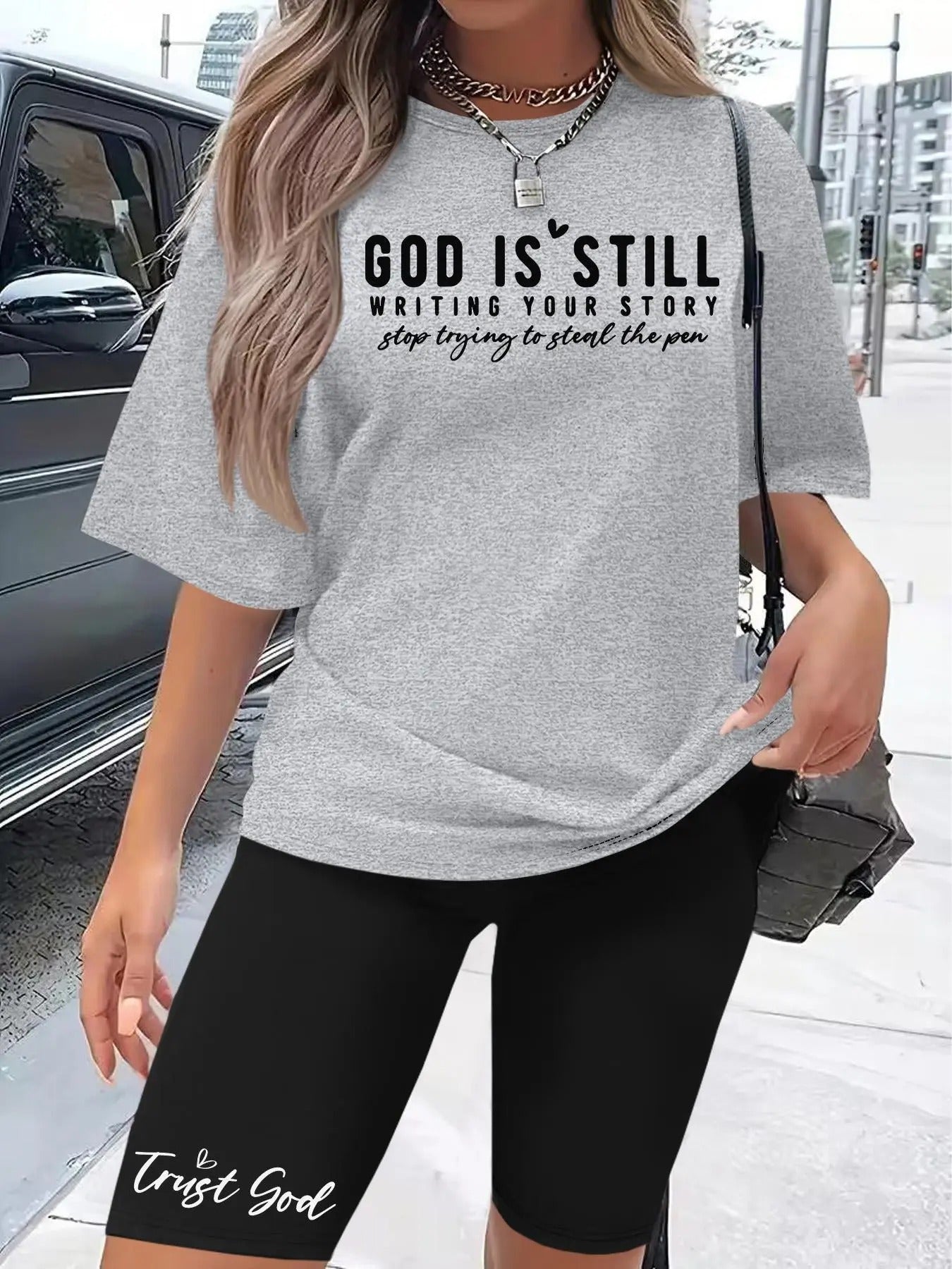 Women's Letter Print Tee & Skinny Shorts Two-Piece Set, Casual Fashion Cozy Round Neck Short Sleeve T-Shirt & Shorts for Daily Outdoor Wear, Ladies Clothes for All Seasons