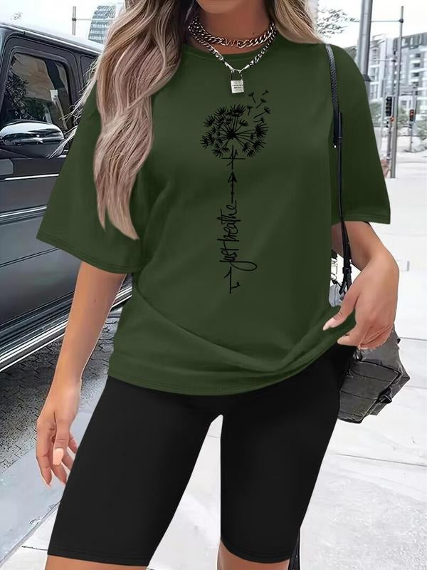 Women's Letter Print Tee & Skinny Shorts Two-Piece Set, Casual Short Sleeve T-Shirt & Shorts for Daily Wear, Ladies...
