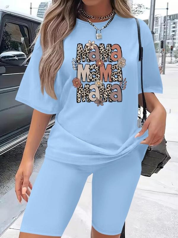 Women's Letter Print Tee & Skinny Shorts Two-Piece Set, Casual Short Sleeve T-shirt & Shorts for Daily Wear, Ladies Two-piece for All Seasons