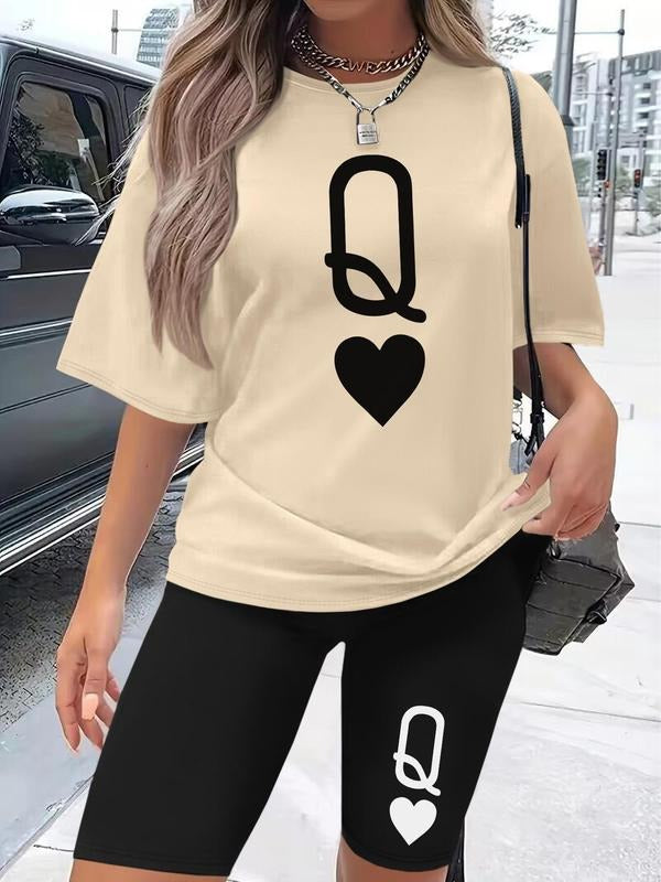 Women's Letter Print Tee & Skinny Shorts Two-piece Set, Casual Short Sleeve T-shirt & Shorts, Ladies Clothes for Daily Wear