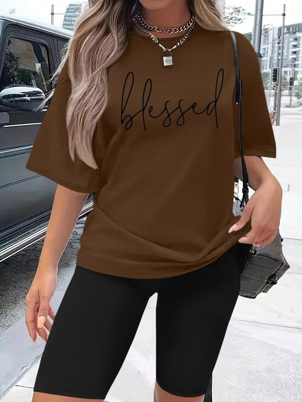 Women's Letter Print Tee & Skinny Shorts Two-piece Set, Casual Short Sleeve T-shirt & Shorts, Ladies Two-piece Outfits for Daily Wear