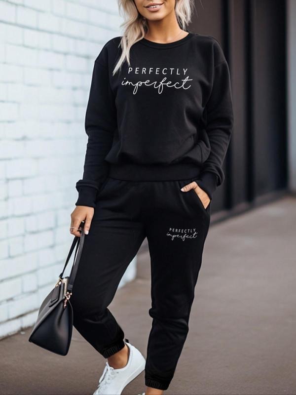 Women's Letter Print Two Piece Sets, Fashion Drop Shoulder Crew Neck Pullover & Sweatpants Set, Women's Clothing