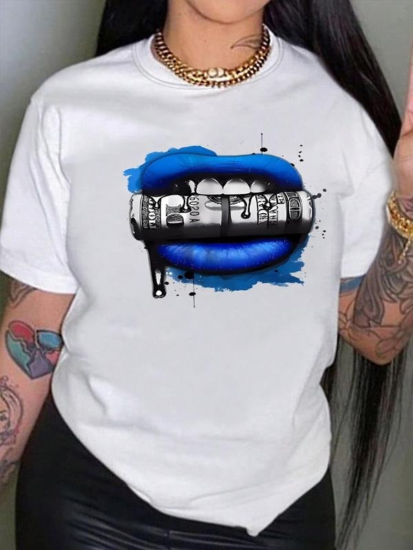 Women's Lip Print Round Neck Tee, Fashion Casual Short Sleeve T-Shirt for Daily Outdoor Wear, Ladies Clothes for All Seasons