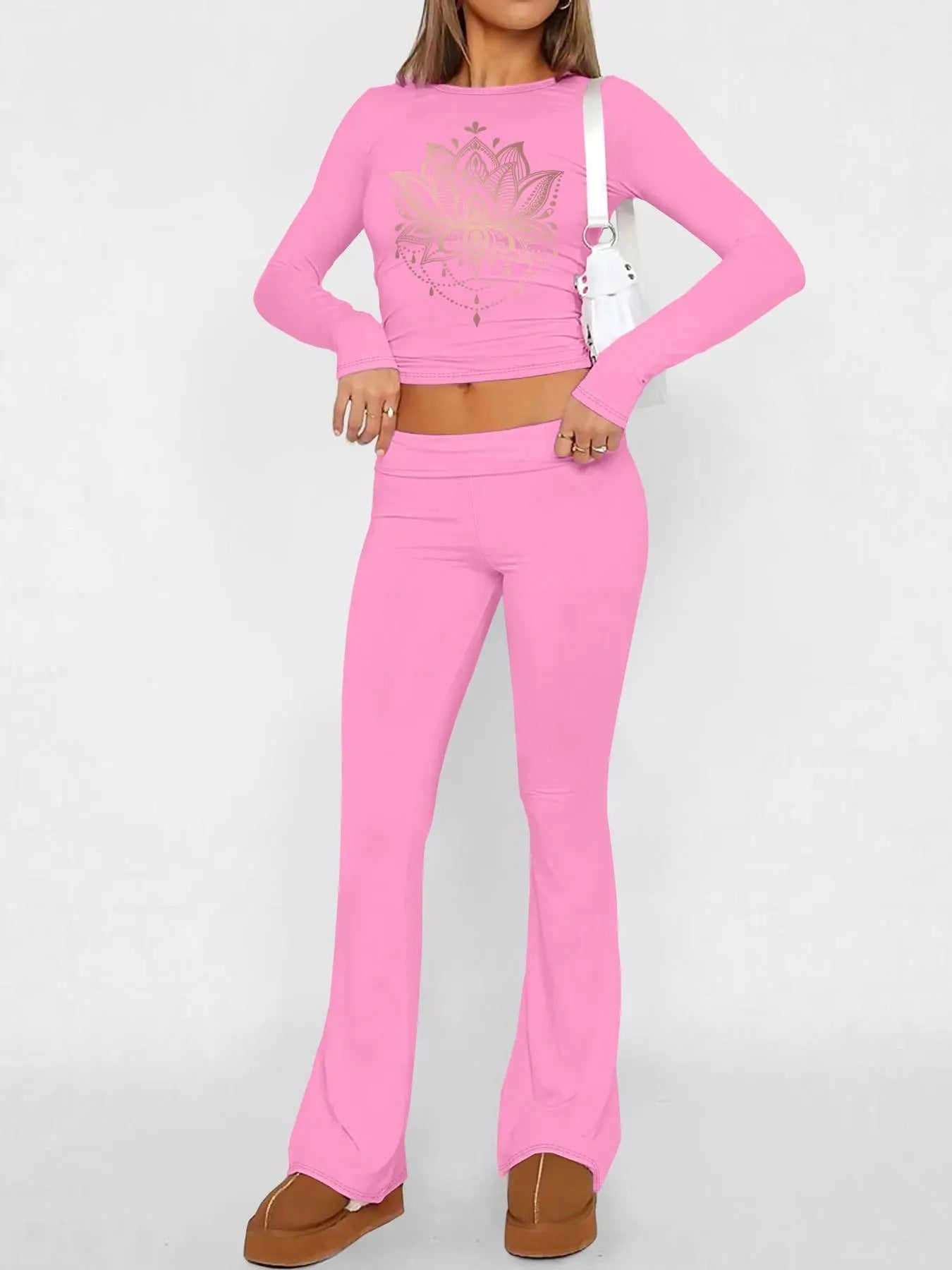 Women's Long Sleeve Graphic Crop Tee & Flare Leg Pants Two-piece Set, Casual Fashion Cozy Top & Bell Bottom Trousers for Daily Outdoor Wear, Women's Clothing for Fall
