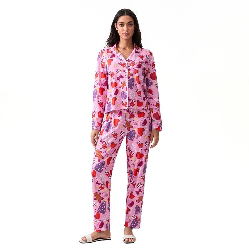 Women's Matching Christmas Pajama Set, Heart Print Long Sleeve Tops Elastic Waist Pants for Fall Winter