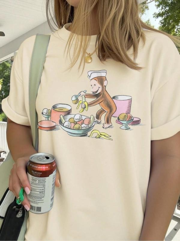 Women's Monkey & Banana Print Round Neck Graphic Tee, Vintage Trendy Casual Short Sleeve T-shirt for Daily Wear, Ladies Summer Outfit, Topstyle{n002}2