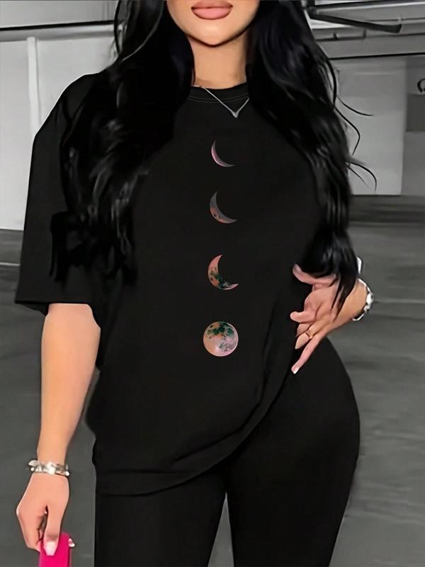 Women's Moon Print Round Neck Tee, Casual Half Sleeve Crew Neck T-shirt for Daily Wear, Ladies Clothes for All Seasons