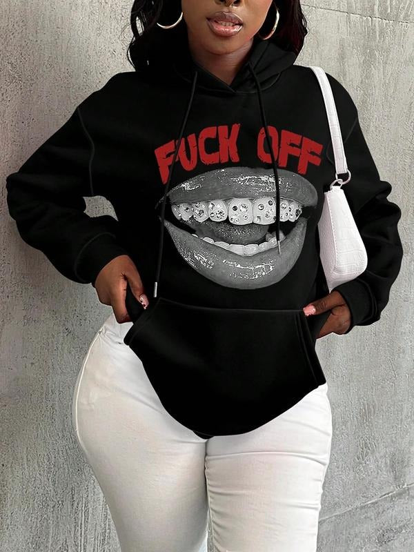 Women's Mouth Print Drop Shoulder Hoodie, Fashion Casual Drawstring Pocket Hooded Sweatshirt for Daily Holiday Wear, Women Clothing for Fall & Winter