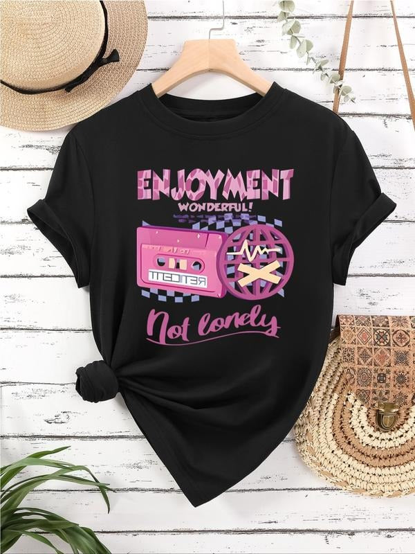 Women's Music Cassette Print Round Neck Graphic Tee, Vintage Trendy Casual Short Sleeve T-shirt For Daily Wear, Ladies All Seasons Outfit