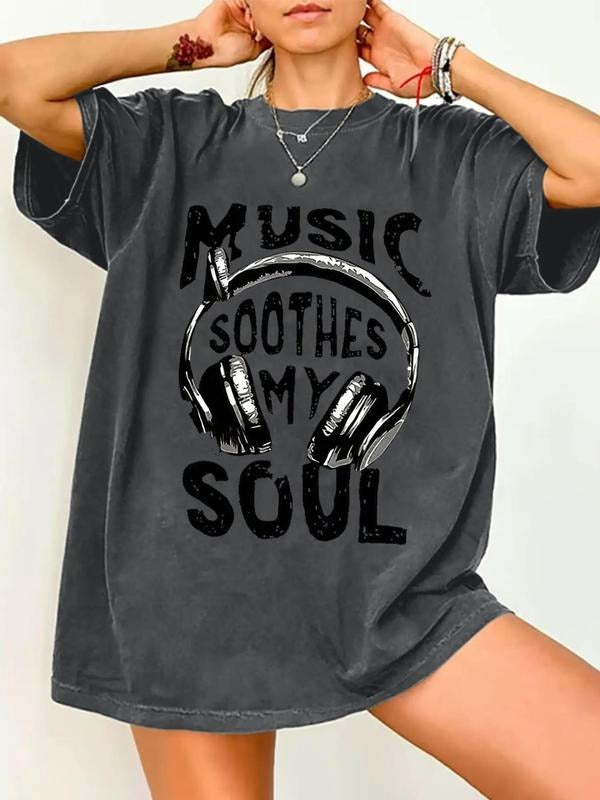 Women's Music Soothes My Soul Round Neck Graphic Tee, Casual Plain Figure & Headphone Print Short Sleeve T-shirt for Summer, Women's Top for Daily Wear