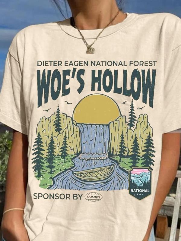 Women's National Forest Print Round Neck Tee, Trendy Casual Short Sleeve T-shirt for Daily Wear, Ladies Summer, Top