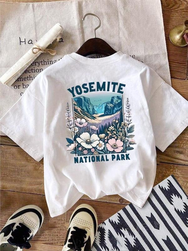 Women's National Park Landscape & Letter Print Round Neck Tee, Vintage Trendy Casual Drop Shoulder Short Sleeve T-shirt for Daily Wear, Ladies Summer Wear