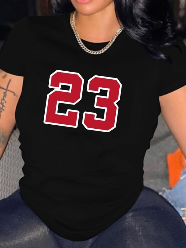 Women's Number "23" Print Short Sleeve Round Neck Tee, Causal Preppy Summer T-shirt Top for Daily Wear, Women Teen Girls Clothing