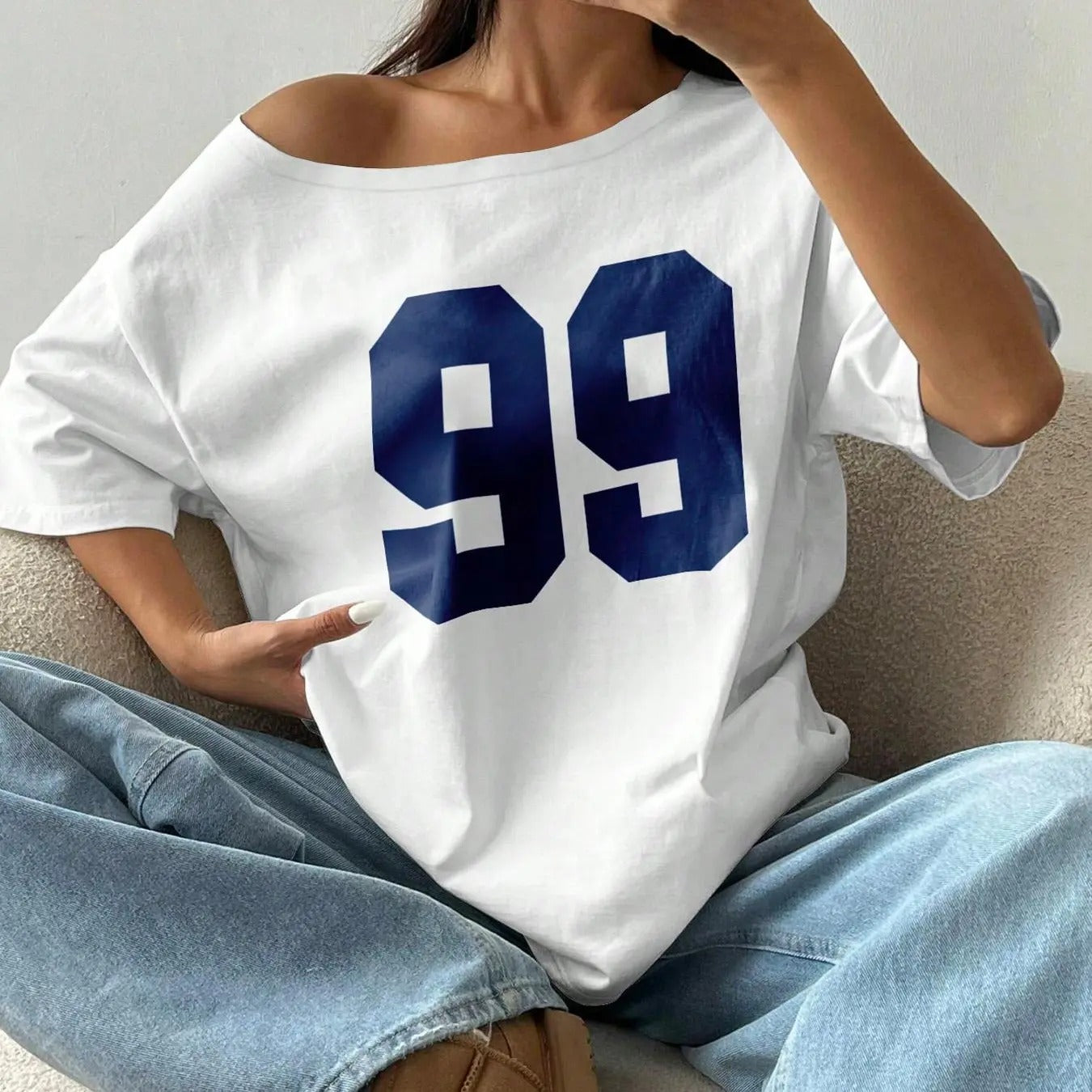 Women's Number Print Drop Shoulder Tee, Casual Half Sleeve Round Neck T-shirt for Daily Wear, Ladies Clothes for All Seasons
