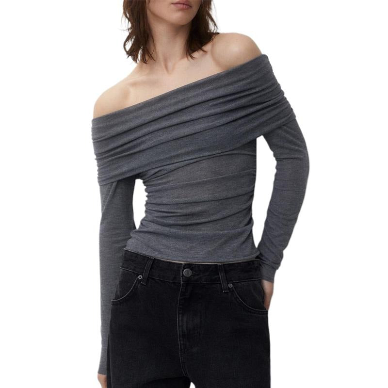 Women's Off Shoulder Cropped Tops Solid Color Long Sleeve Boat Neck RuchedFit T-Shirts Hoodie, Sweatshirt | WearSparks.com