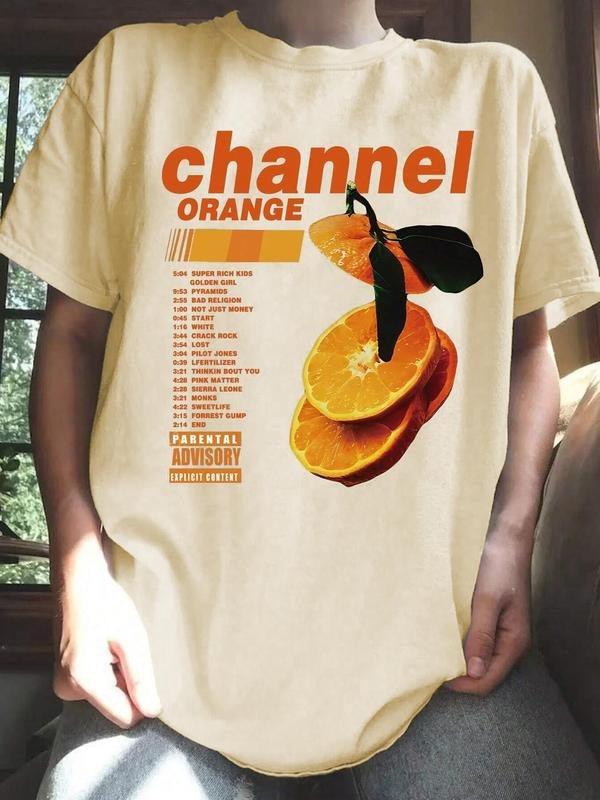 Women's Orange Graphic Round Neck Tee, Fashion Casual Loose Letter Print Short Sleeve T-shirt for Daily Wear, Ladies Summer Clothes, Top