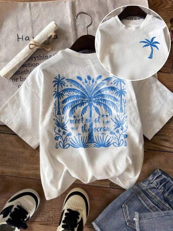 Women's Palm Tree Print Round Neck Tee, Casual Short Sleeve Crew Neck T-Shirt for Summer, Fashion Women's Top for Daily Wear