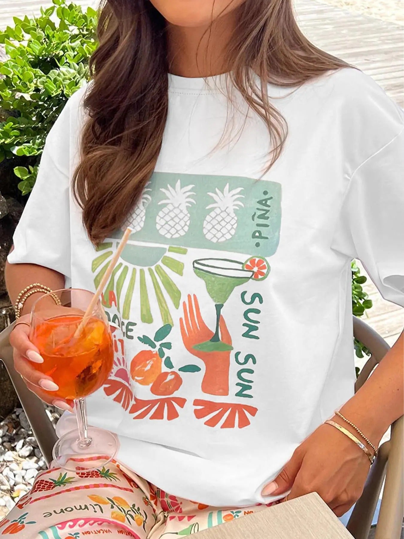 Women's Pineapple Print Round Neck Tee, Casual Fruit Graphic Short Sleeve T-shirt for Daily Wear, Ladies Clothes for All Seasons