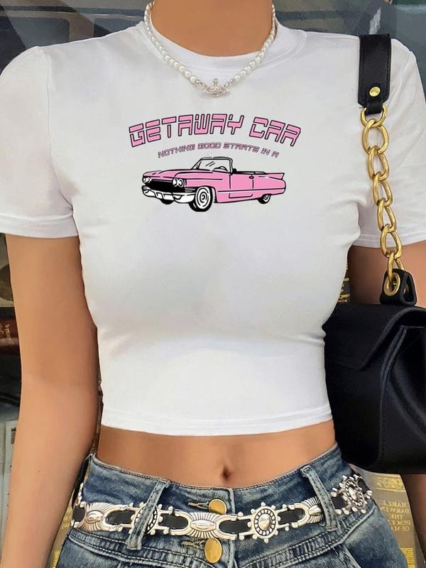 Women's Pink Car & Letter Print Crop Tee, Vintage Trendy Casual Short Sleeve T-shirt for Daily Wear, Ladies All Seasons...