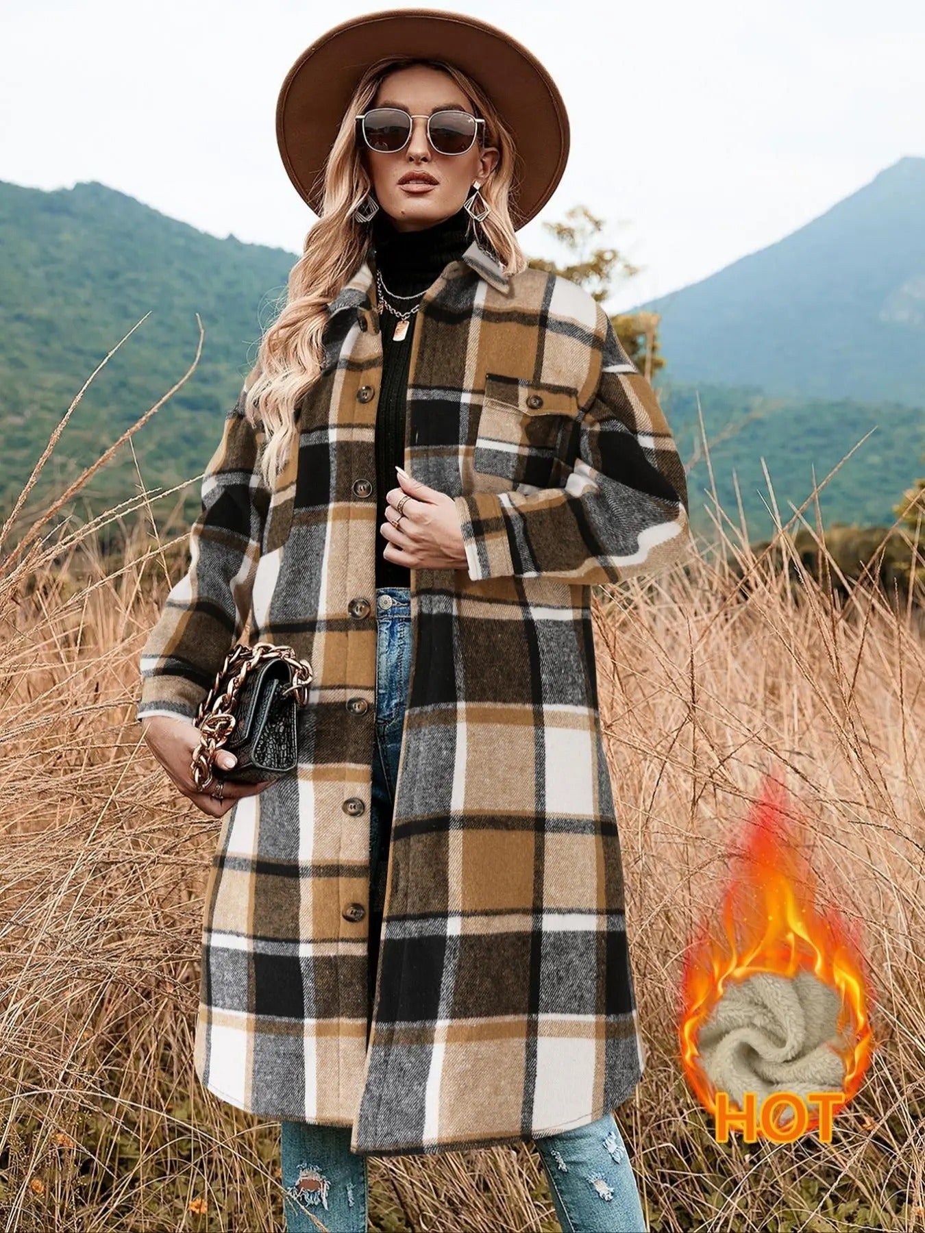 Women's Plaid Print Button Front Drop Shoulder Coat, Casual Long Sleeve Collared Outerwear for Fall & Winter, Ladies Clothes for Daily Wear