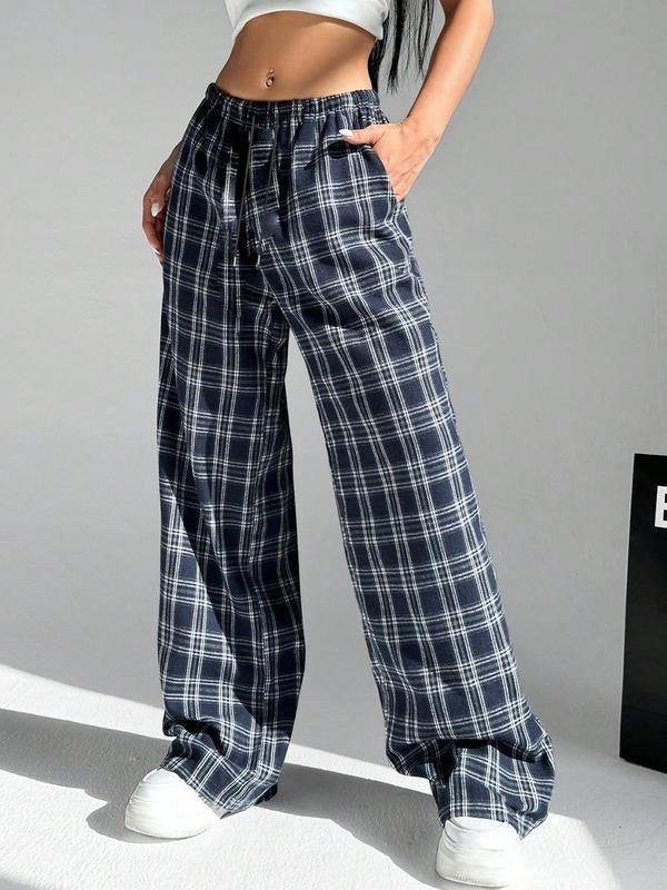 Women's Plaid Print Pocket Elastic Waist Wide Leg Pants, Casual Comfy Trousers for Fall & Winter, Women's Bottoms for Daily Wear