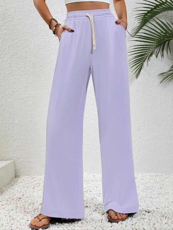 Women's Plain Drawstring Waist Straight Leg Sweatpants, Casual Elastic Waist Pocket Trousers for Spring & Fall, Women's...