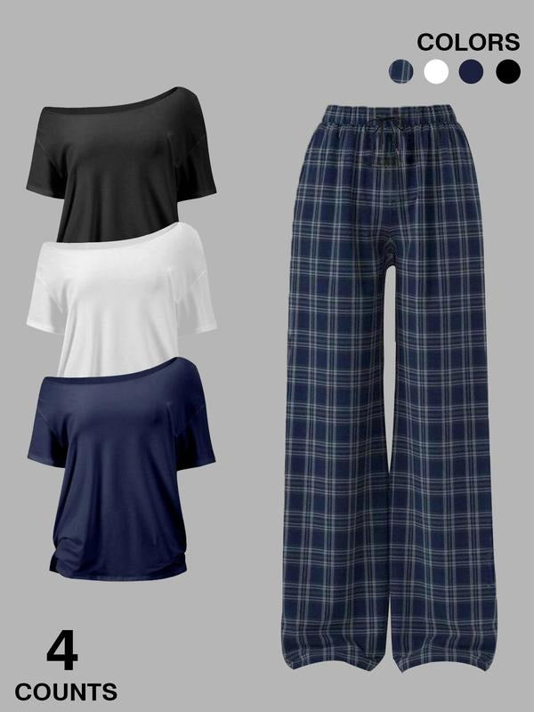 Women's Plain Tee & Plaid Print Pants Set, Casual Round Neck Short Sleeve T-Shirt & Trousers for Daily Wear, Ladies Clothes for Spring, Suits
