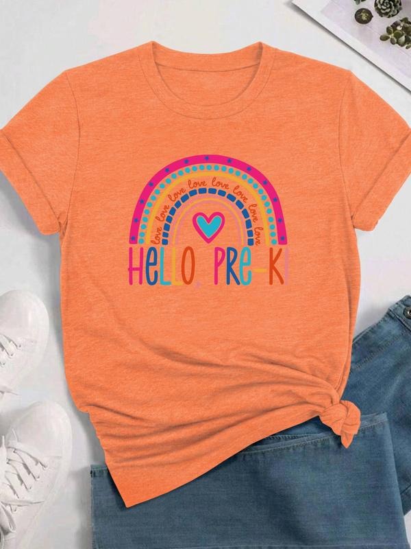 Women's Rainbow & Letter Print Round Neck Tee, Fashion Casual Crew Neck T-Shirt for Daily Holiday Vacation Outdoor Wear, Ladies Clothes for All Seasons