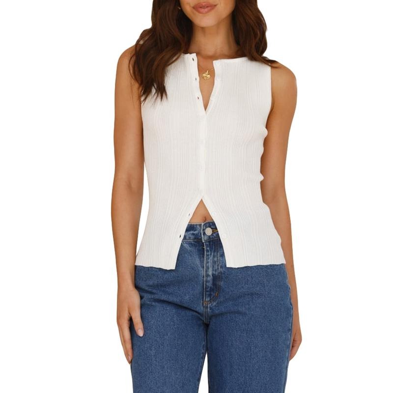 Women's Ribbed Knit Tank Tops Slim Solid Color Button Down Round Neck Sleeveless Shirt for Summer Lady Womenswear