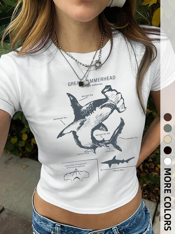 Women's Shark & Letter Print Round Neck Short Tee, Casual Short Sleeve T-shirt for Summer, Ladies Clothes for Daily Wear...