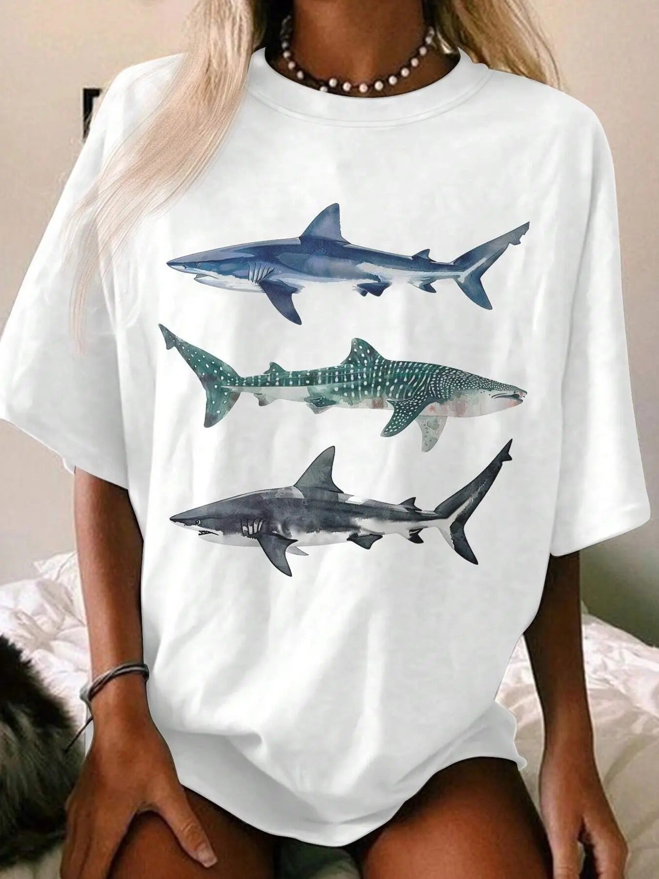 Women's Shark Print Round Neck Tee, Fashion Casual Drop Shoulder Short Sleeve T-shirt, Ladies Summer Clothes for Daily Wear