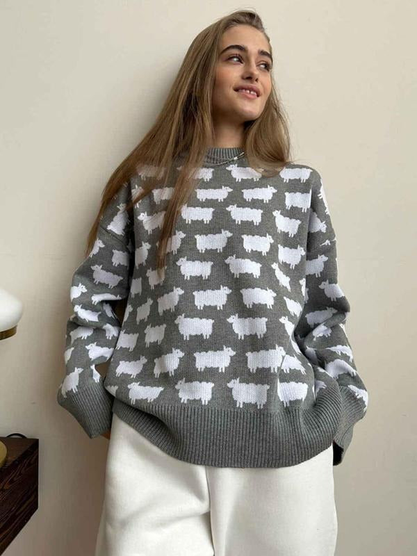 Women's Sheep Print Drop Shoulder Sweater, Casual Long Sleeve Round Neck Jumper for Fall & Winter, Fashion Ladies' Knitwear for Daily Wear