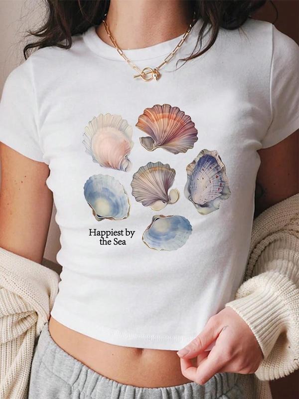 Women's Shell Print Round Neck Graphic Tee, Vintage Trendy Casual Short Sleeve T-shirt For Daily Wear, Ladies All Seasons Outfit