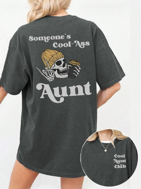 Women's Skeleton & Letter Print Round Neck Graphic Tee, Vintage Trendy Casual Half Sleeve T-shirt for Daily Wear, Ladies Summer Clothes