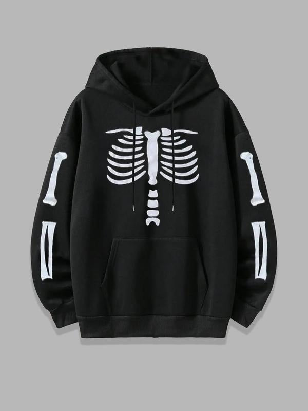 Women's Skeleton Print Drop Shoulder Hoodie, Fashion Casual Drawstring Pocket Hooded Sweatshirt for Daily Holiday Outdoor Wear, Women Clothing for Fall & Winter