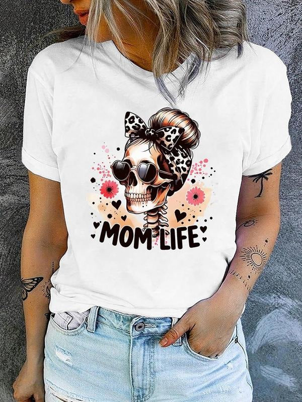 Women's Skull & Floral Print Round Neck Tee, Fashion Casual Crew Neck T-Shirt for Daily Holiday Vacation Outdoor Wear, Ladies Clothes for All Seasons, Top