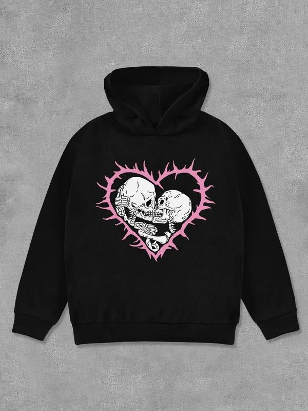 Women's Skull & Heart Print Drop Shoulder Hoodie, Fashion Casual Hooded Sweatshirt for Halloween Daily Holiday Outdoor Wear, Women Clothing for Fall & Winter
