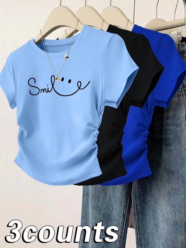 Women's Smile Face Print Round Neck Tee, Casual Short Sleeve T-shirt for Daily Wear, Ladies Clothes for All Seasons, Top