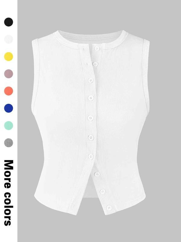 Women's Solid Button Closure Ribbed Tank Top, Casual Sleeveless Vest for Daily Wear, Ladies Clothes for All Seasons,...