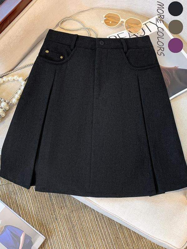 Women's Solid Color Button Pocket Pleated Skirt, Casual Elastic Waist Short Skirt for Daily Wear, Ladies Spring & Fall...