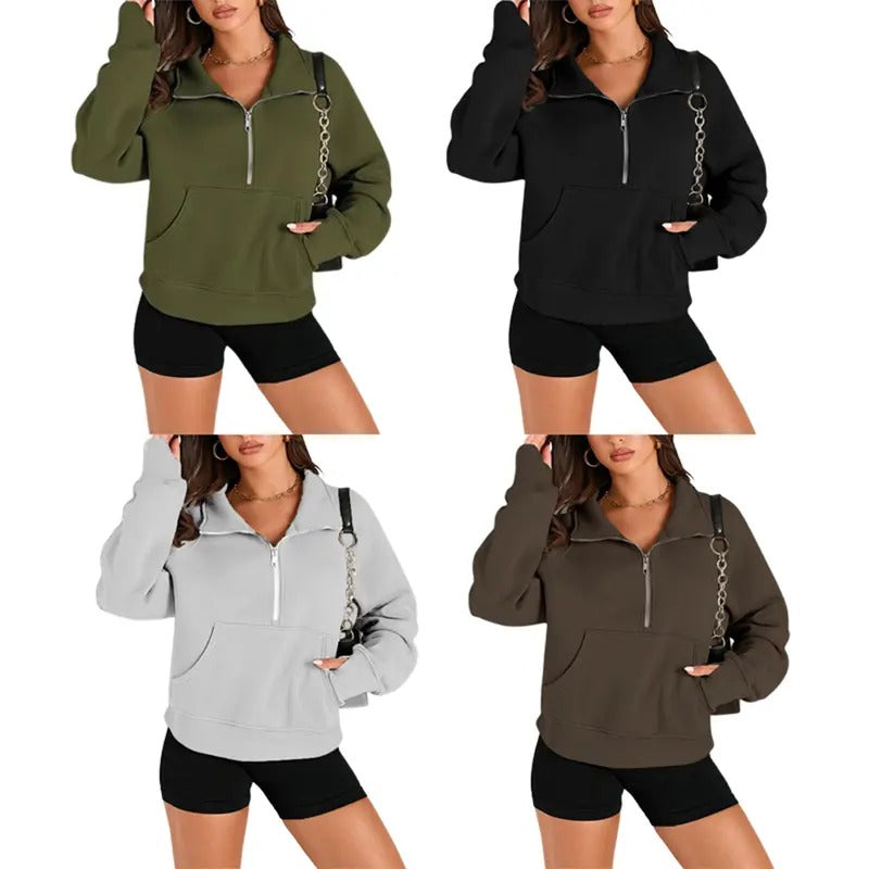 Women's Solid Color Sweatshirt Raglan Long Sleeve Turtle Neck Half Zip-up Casual Tops T-Shirts, Hoodie | WearSparks.com
