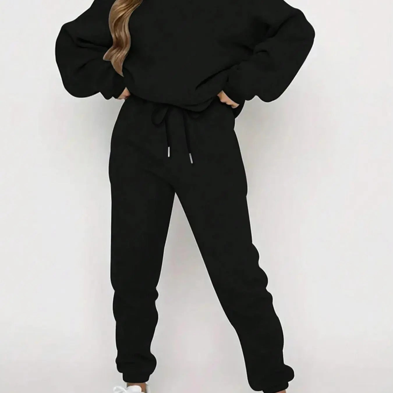 Women's Solid Drop Shoulder Sweatshirt & Drawstring Waist Sweatpants Two-piece Set, Casual Fashion Cozy Two Piece Outfits for Daily Outdoor Wear, Women Clothes for Fall & Winter