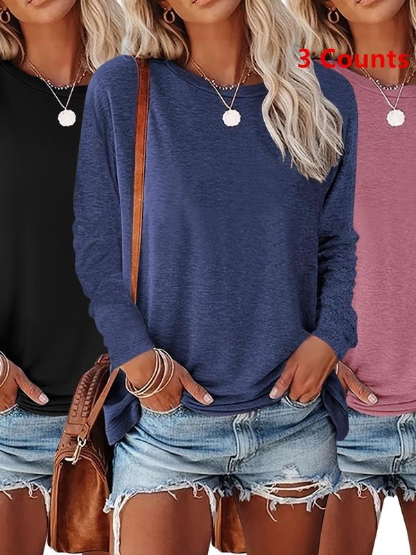 Women's Solid Long Sleeve Tee, Casual Fashion Round Neck T-shirt for Fall & Winter, Women's Top for Daily Wear